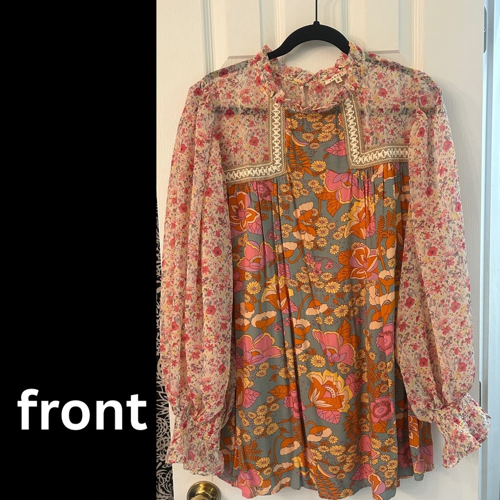 JODIFL Floral Ruffle Blouse with Pink and Yellow Accents [womens 1x]
